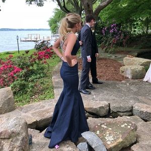 25754 La Femme. Denim Prom Dress